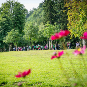 Schüler:innen suchen die Start-Stationen im Hellbrunner Park auf. © NPHT/Florian Kreidl-Glück