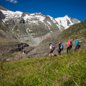 Ranger mit Gruppe unterwegs zum Gletscherweg Pasterze mit Großglockner im Hintergrund c NPHT Steinthaler
