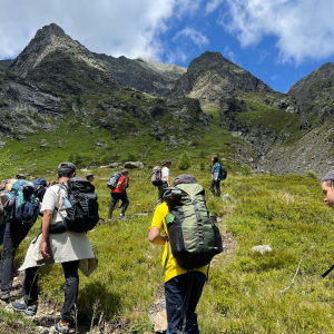 Die Junior Ranger:innen wandern auf dem Wiener Höhenweg zur Noßbergerhütte, vorbei an Alpenblumen und summenden Bestäubern (Foto NPHT_Karoline Winkler).