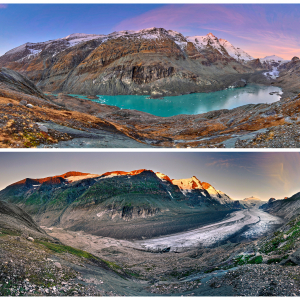 Rasanter Landschaftswandel - Entwicklung der Pasterze von 2002 bis 2022: Durch das Schmelzen des Gletschers ist der rund 45 Hektar gro&szlig;e und bis zu 48 Meter tiefe Pasterzensee entstanden. Quelle: NPHT/Michael Schober
